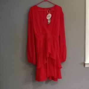 Boohoo red  midi dress, belt,built in slip
